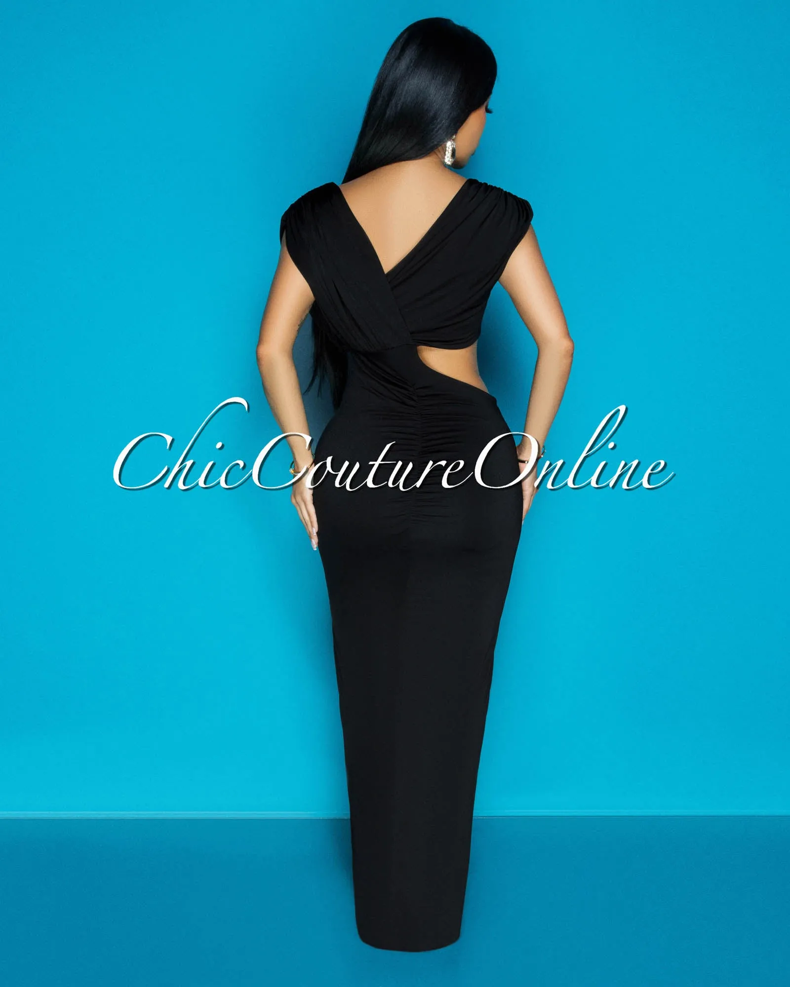 Violi Black Off Shoulder Cut Out Maxi Dress (SHIPS 1/18/25) sold by Chic Couture product image thumbnail 3