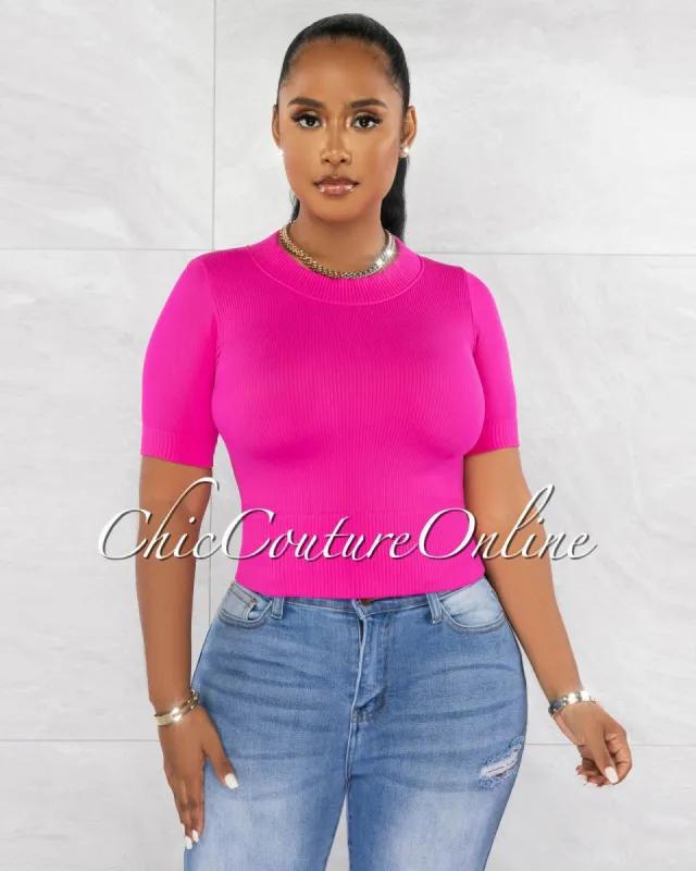 Larry Hot Pink Ribbed Round Neckline Crop Top sold by Chic Couture