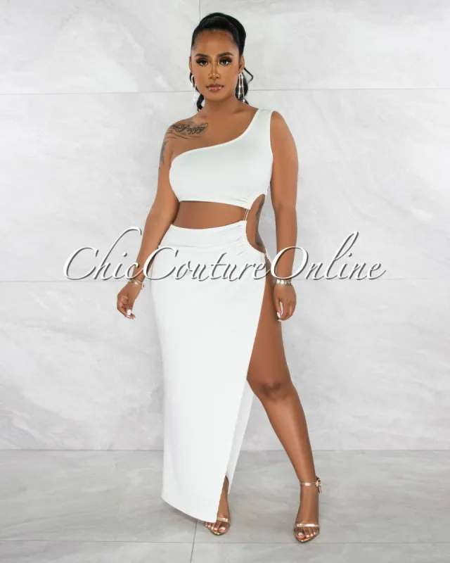 *Greicy Off-White Cut-Out Side Slit Gold Accent Maxi Dress sold by Chic Couture