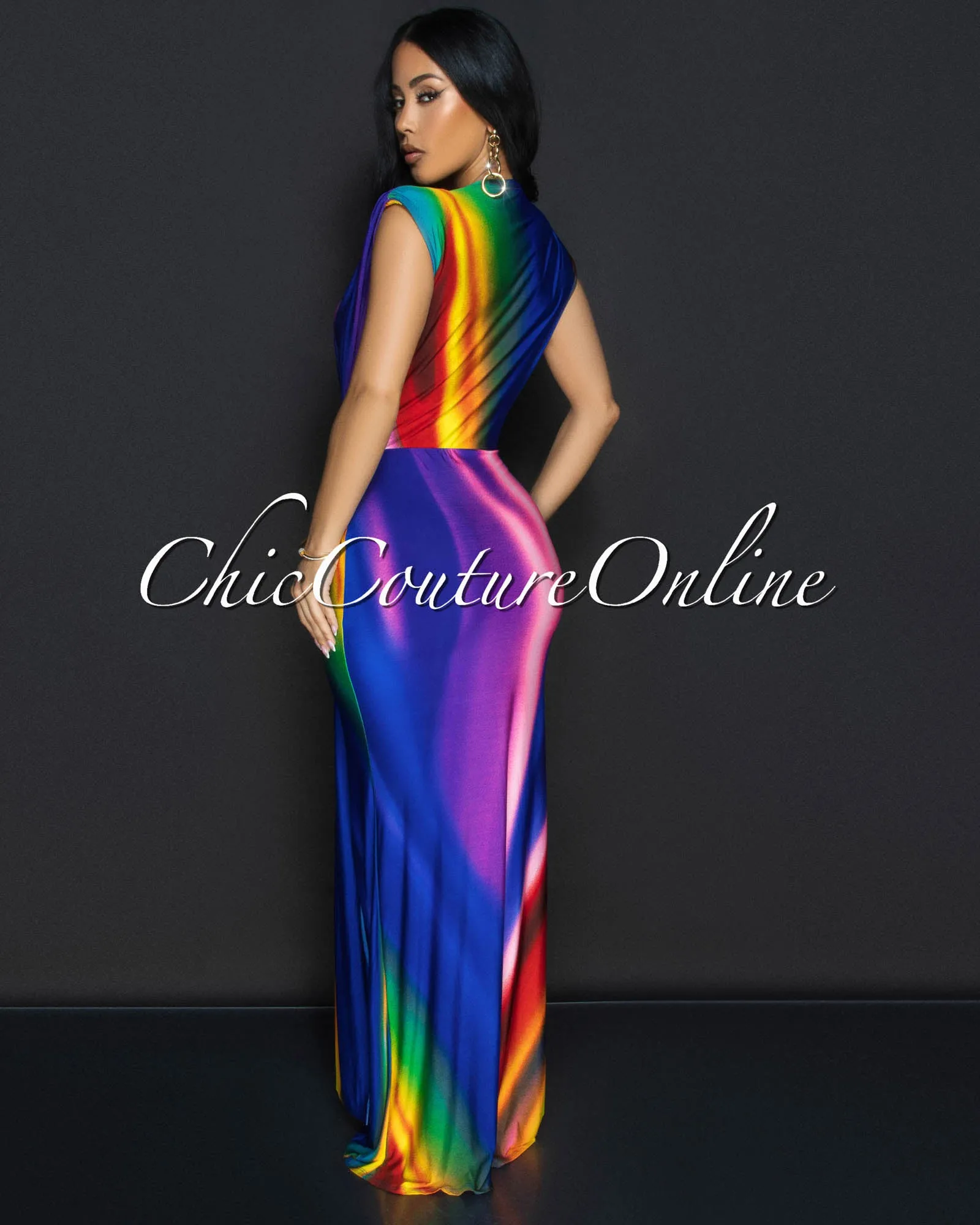 Alea Blue Multi-Color Sleeveless Deep V Neck Maxi Dress sold by Chic Couture product image thumbnail 3