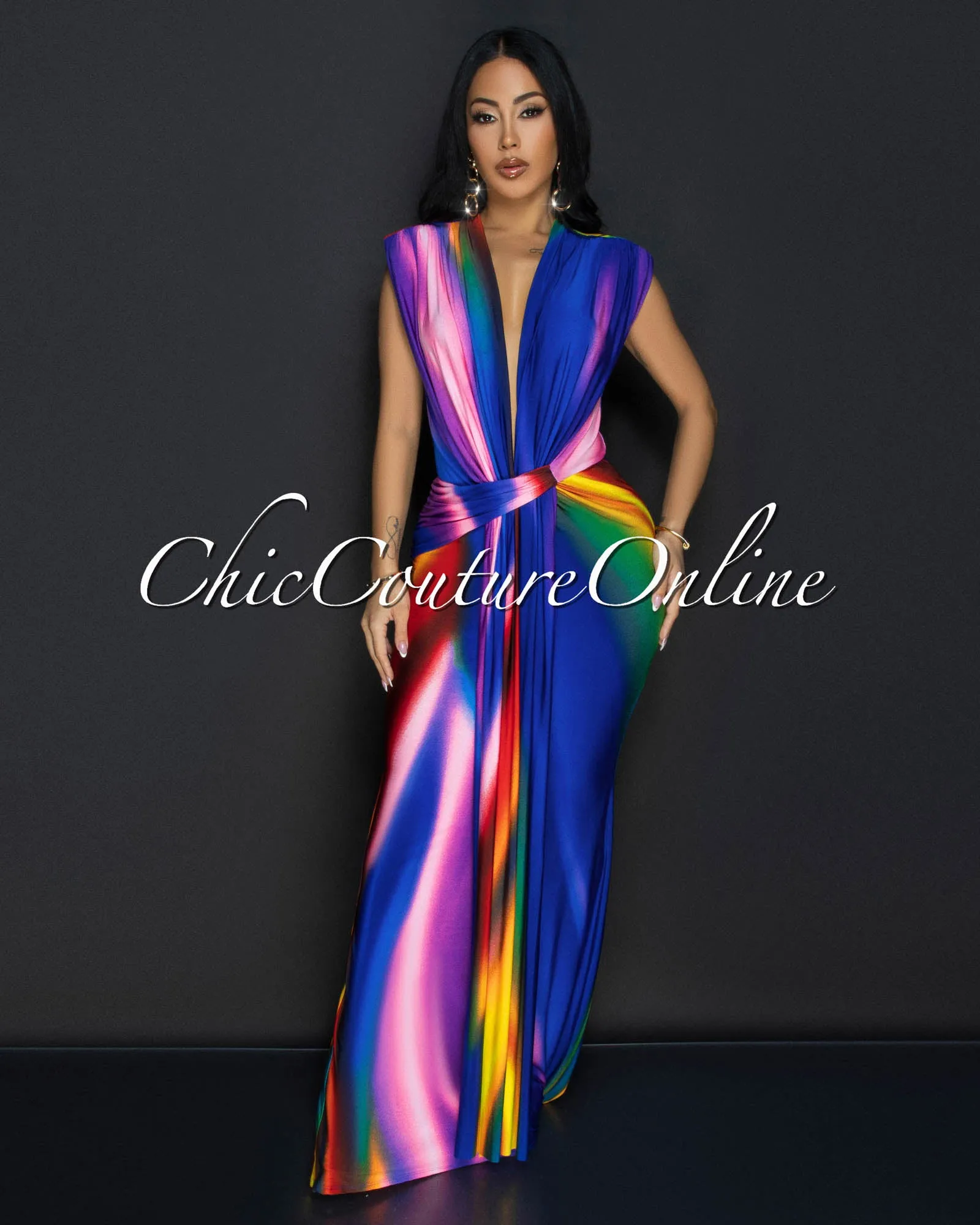 Alea Blue Multi-Color Sleeveless Deep V Neck Maxi Dress sold by Chic Couture