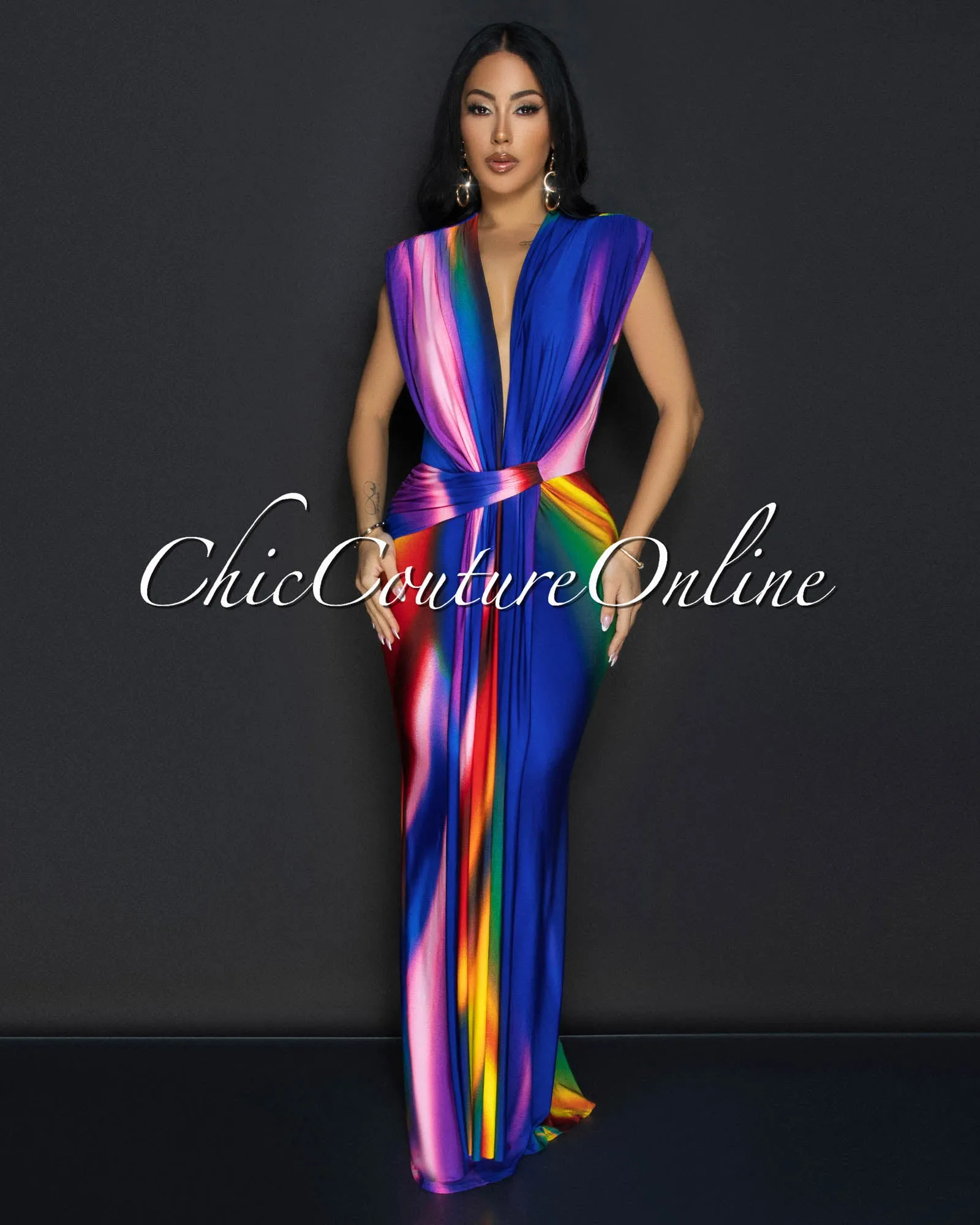 Alea Blue Multi-Color Sleeveless Deep V Neck Maxi Dress sold by Chic Couture product image thumbnail 2