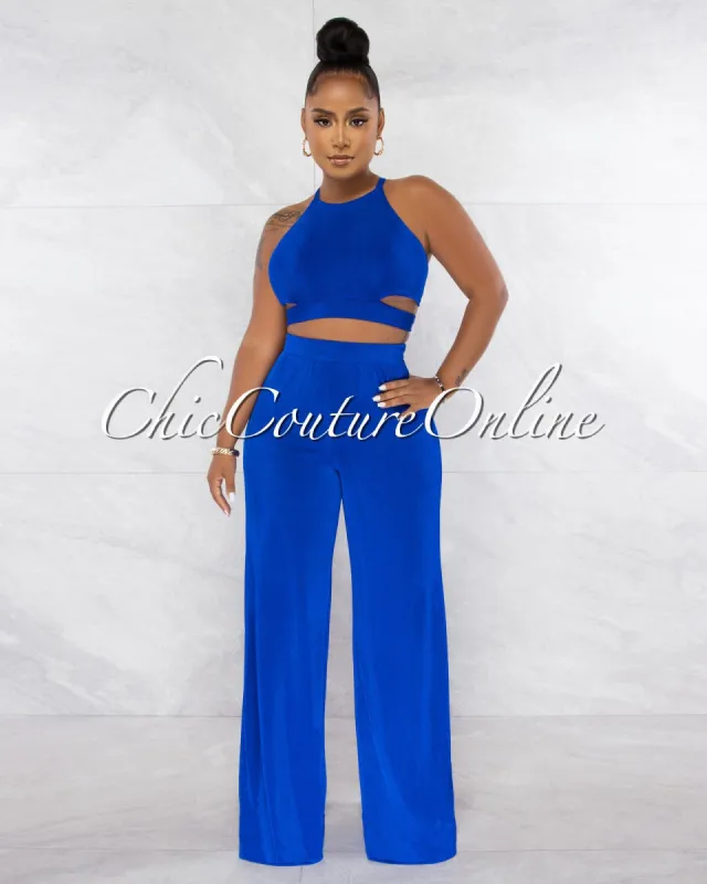 Ramona Royal Blue Multi-Way Tie Crop Top & Wide Pants Set sold by chic