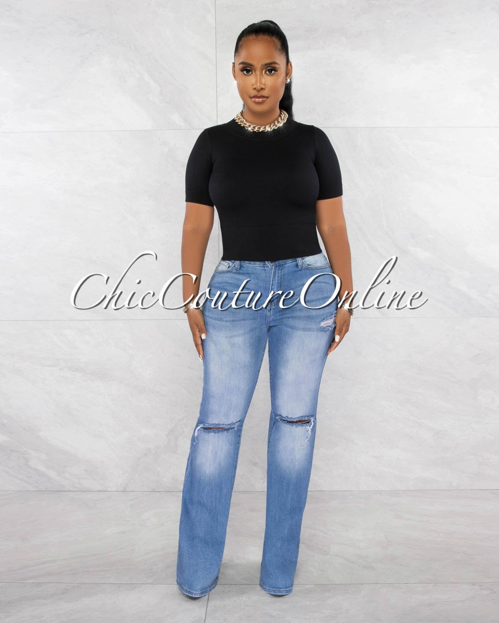 Larry Black Ribbed Round Neckline Crop Top sold by Chic Couture product image thumbnail 2