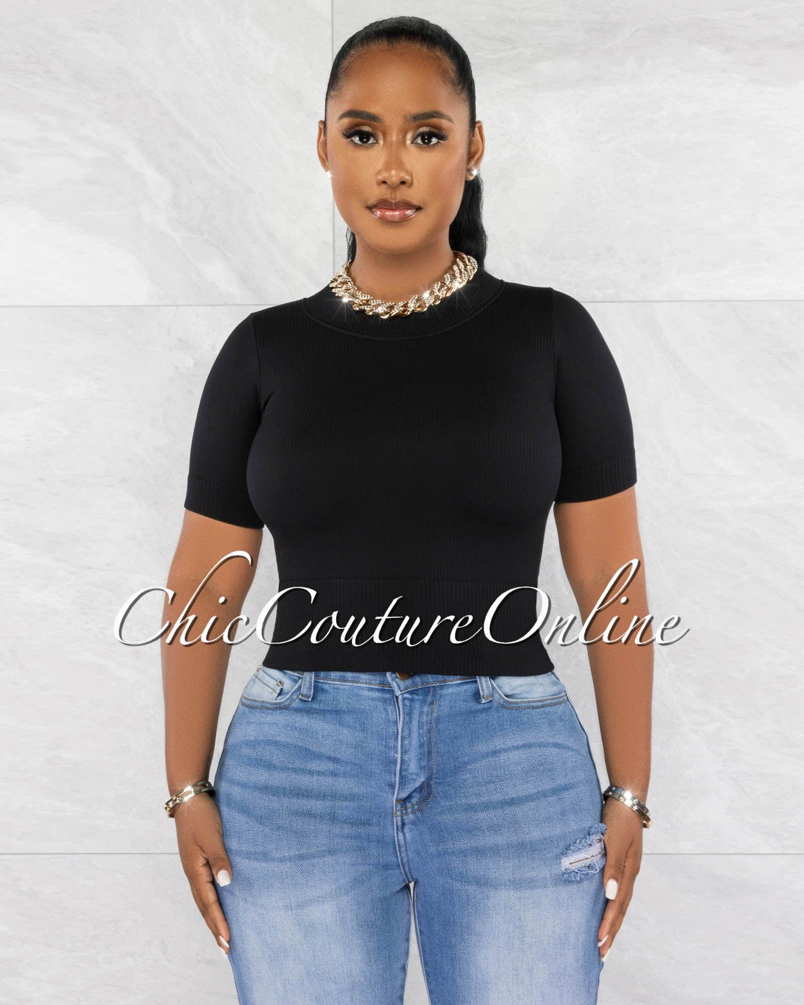 Larry Black Ribbed Round Neckline Crop Top sold by Chic Couture