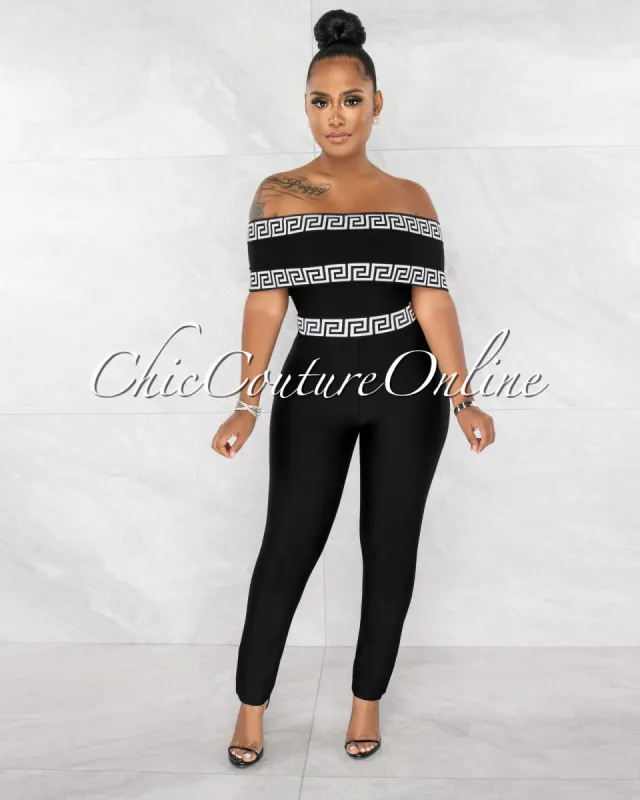 Narella Black White Fret Trim Off-The Shoulder Bandage Jumpsuit sold by Chic Couture