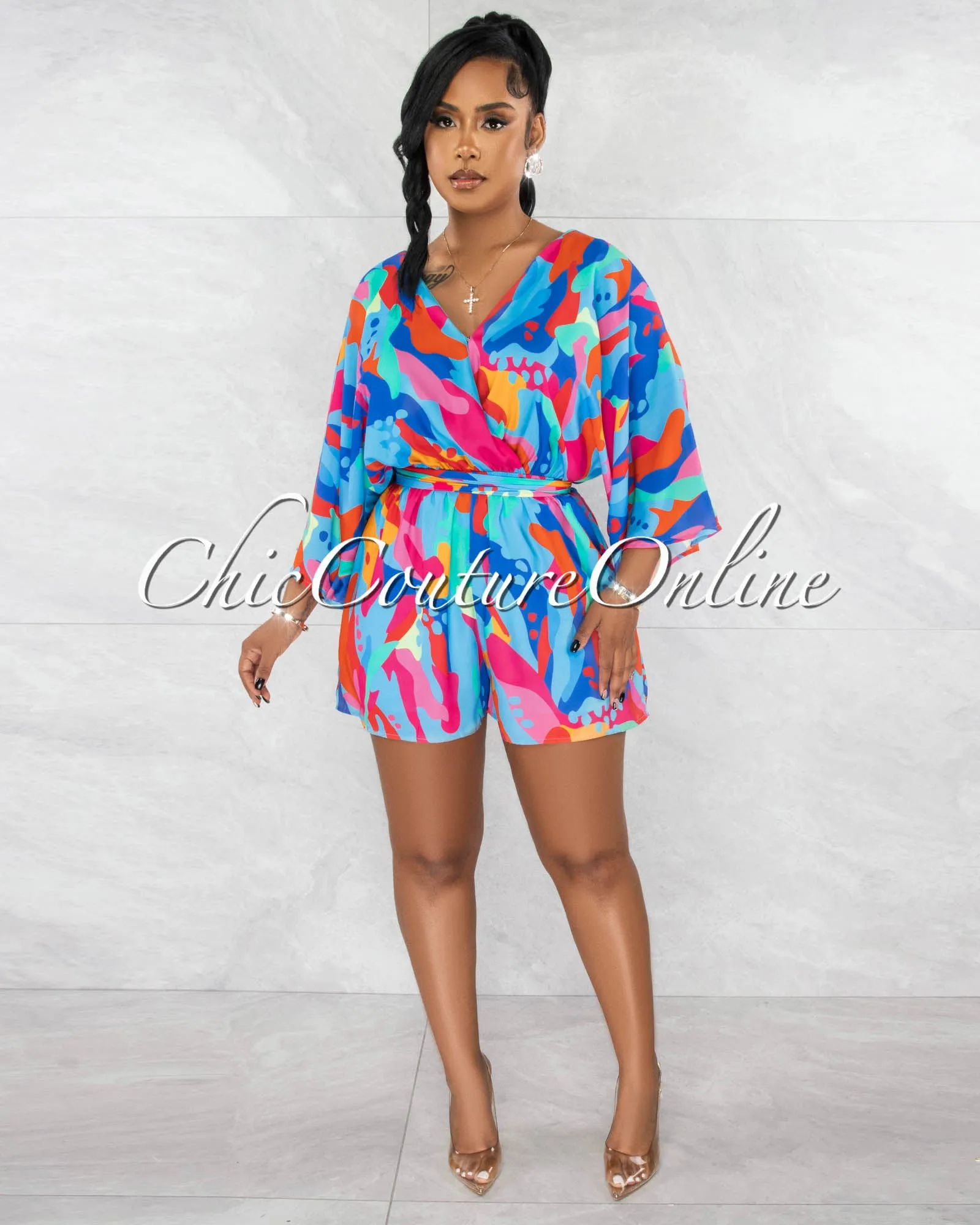 *Keisha Blue Multi-Color Print Wide Sleeves Romper sold by Chic Couture product image thumbnail 2