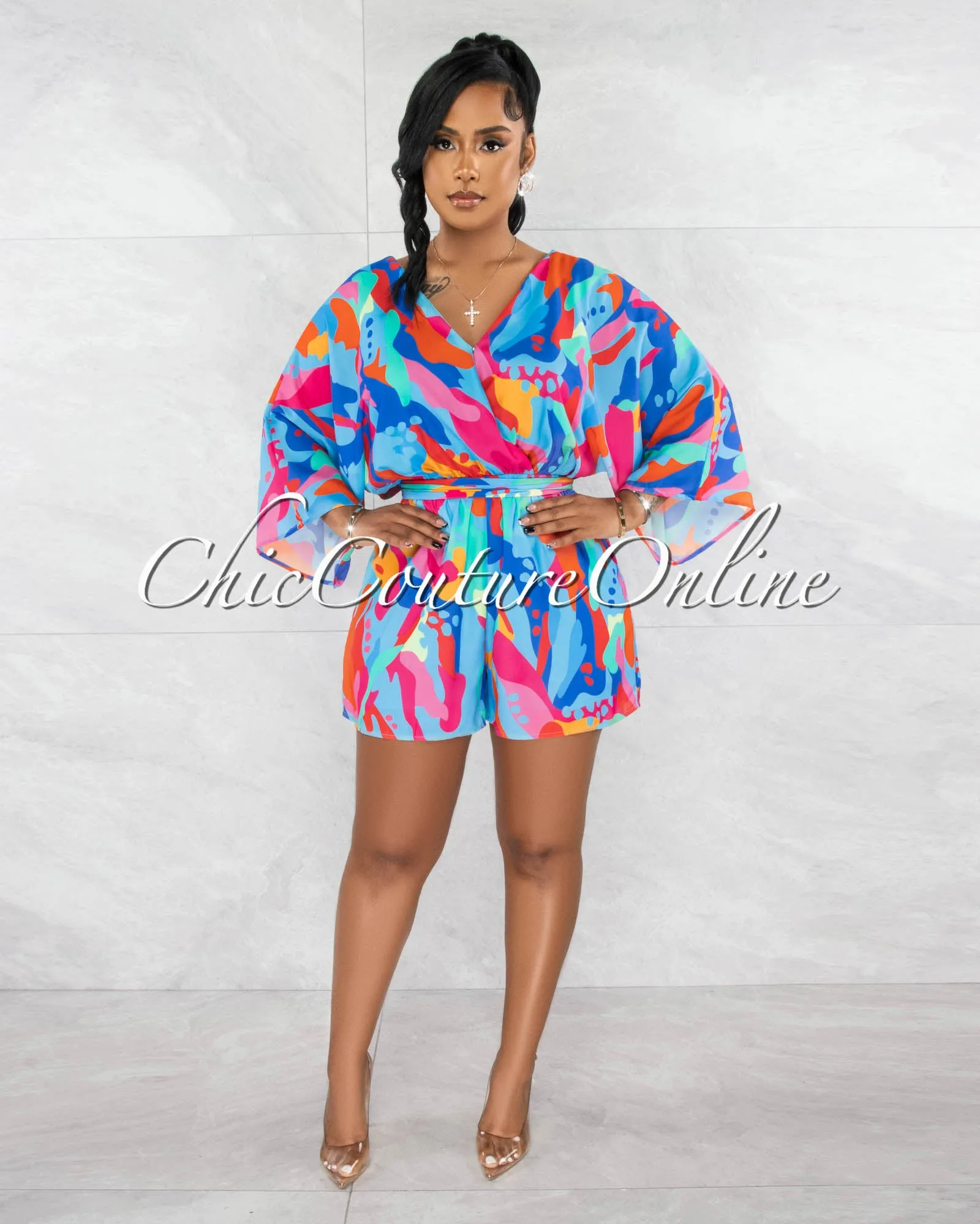 *Keisha Blue Multi-Color Print Wide Sleeves Romper sold by Chic Couture product image thumbnail 3