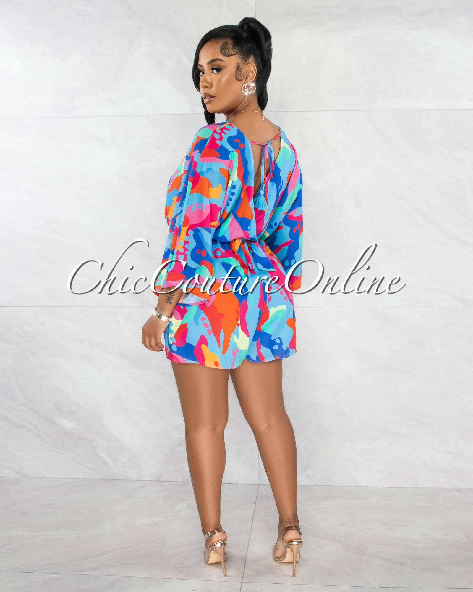 *Keisha Blue Multi-Color Print Wide Sleeves Romper sold by Chic Couture product image thumbnail 4