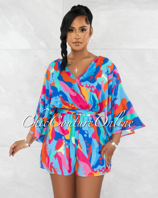 *Keisha Blue Multi-Color Print Wide Sleeves Romper sold by Chic Couture