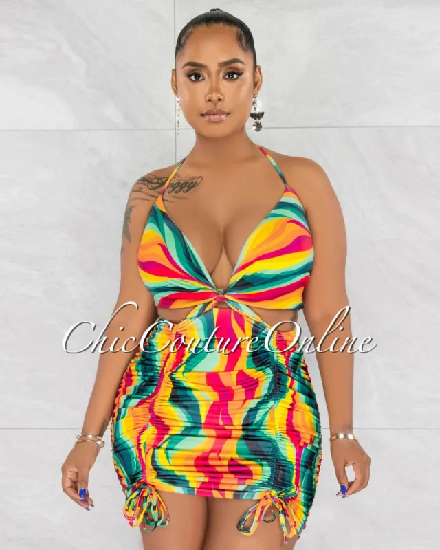 *Samalie Multi-Color Print Halter Cut-Out Ruched Mini Dress sold by Chic Couture