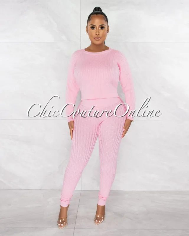 Palba Pink Cable Knit Sweater Leggings Set sold by chic