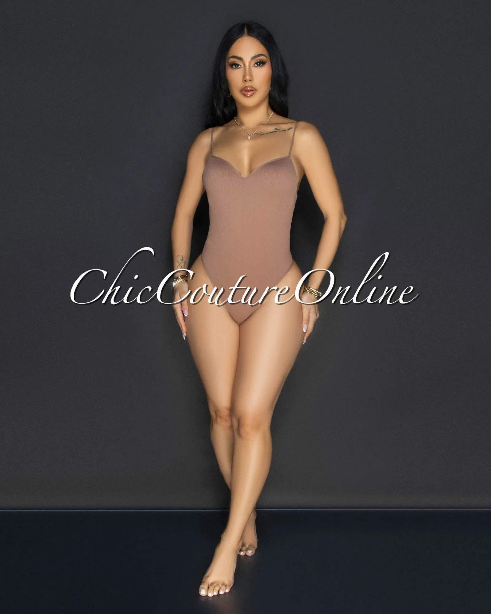 Toniya Mocha Ribbed Body-Con Bodysuit sold by Chic Couture
