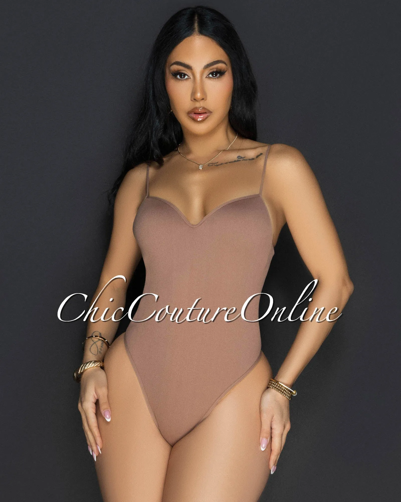 Toniya Mocha Ribbed Body-Con Bodysuit sold by Chic Couture product image thumbnail 2