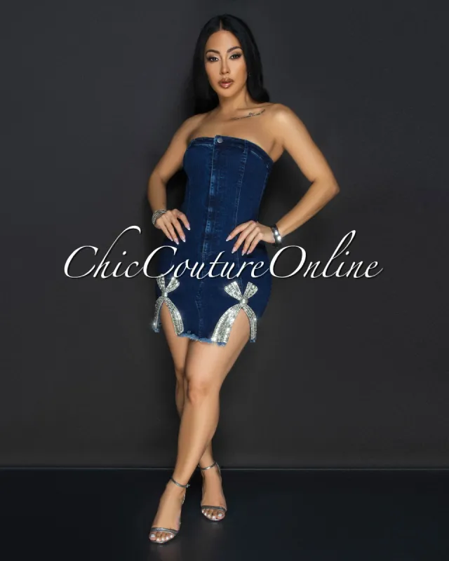 *Blanik Denim Rhinestones Accent Mini Dress sold by Chic Couture