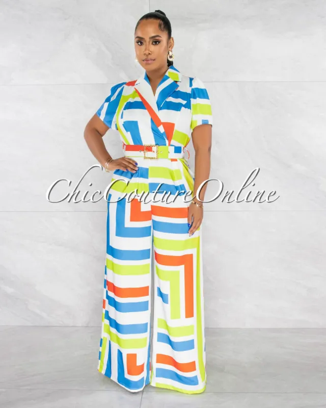 *Jamaine White Multi-Color Print Gold Buckle Belt Jumpsuit sold by Chic Couture