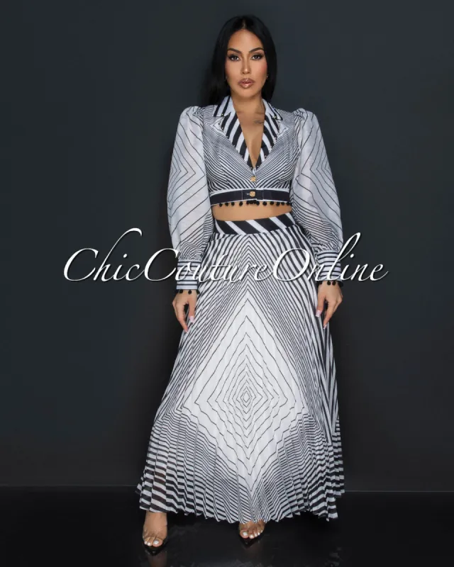 *Varouna Black White Print Blouse & Pleated Long Skirt Set sold by Chic Couture