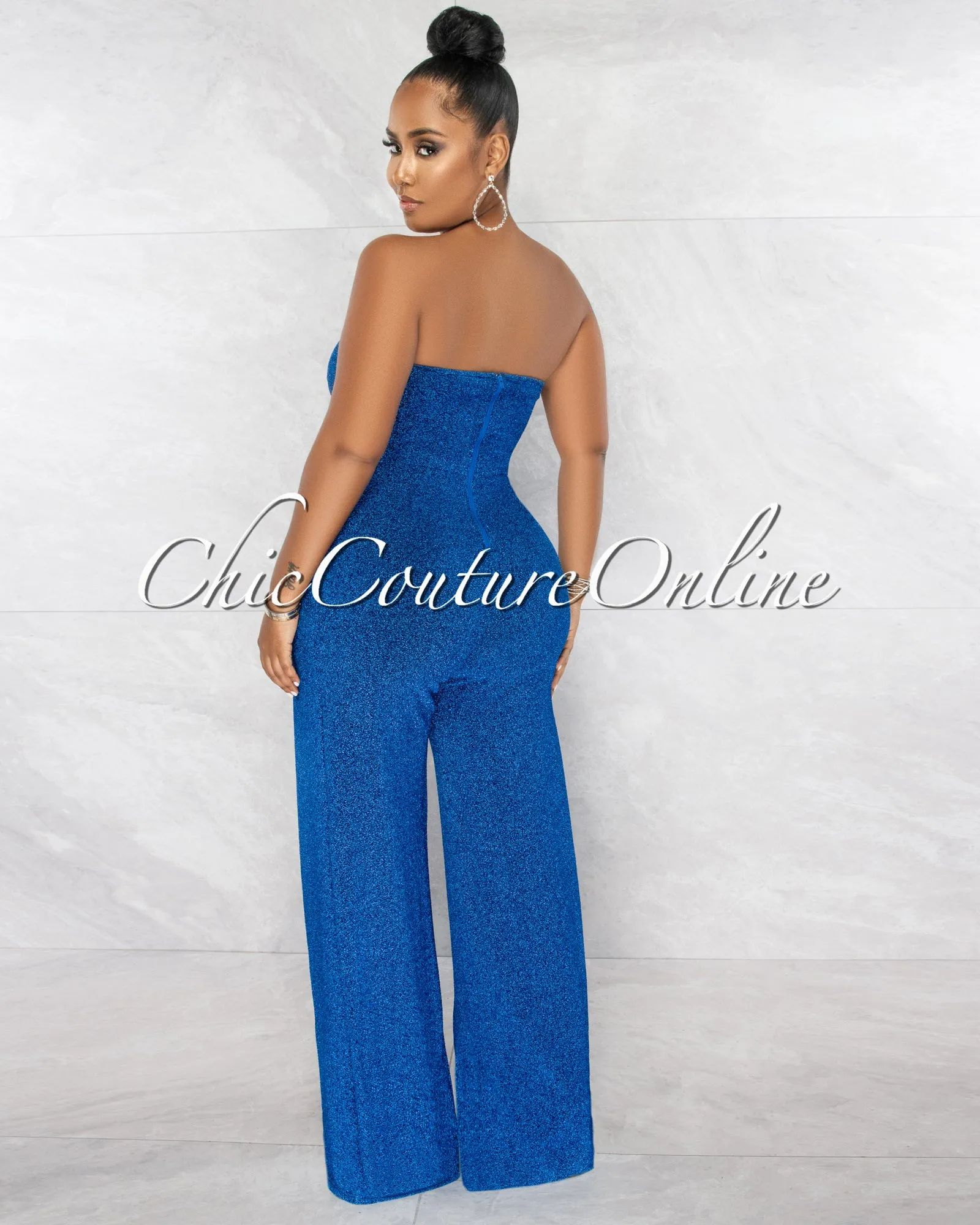 Katiana Royal Blue Shimmer Slit Legs Jumpsuit sold by Chic Couture product image thumbnail 3