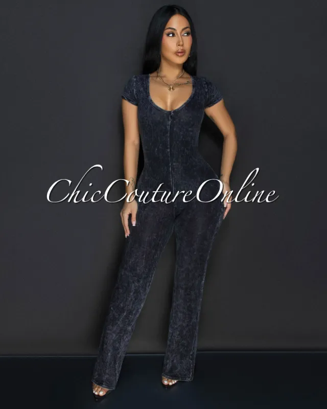 Polina Black Acid Wash Jumpsuit sold by Chic Couture