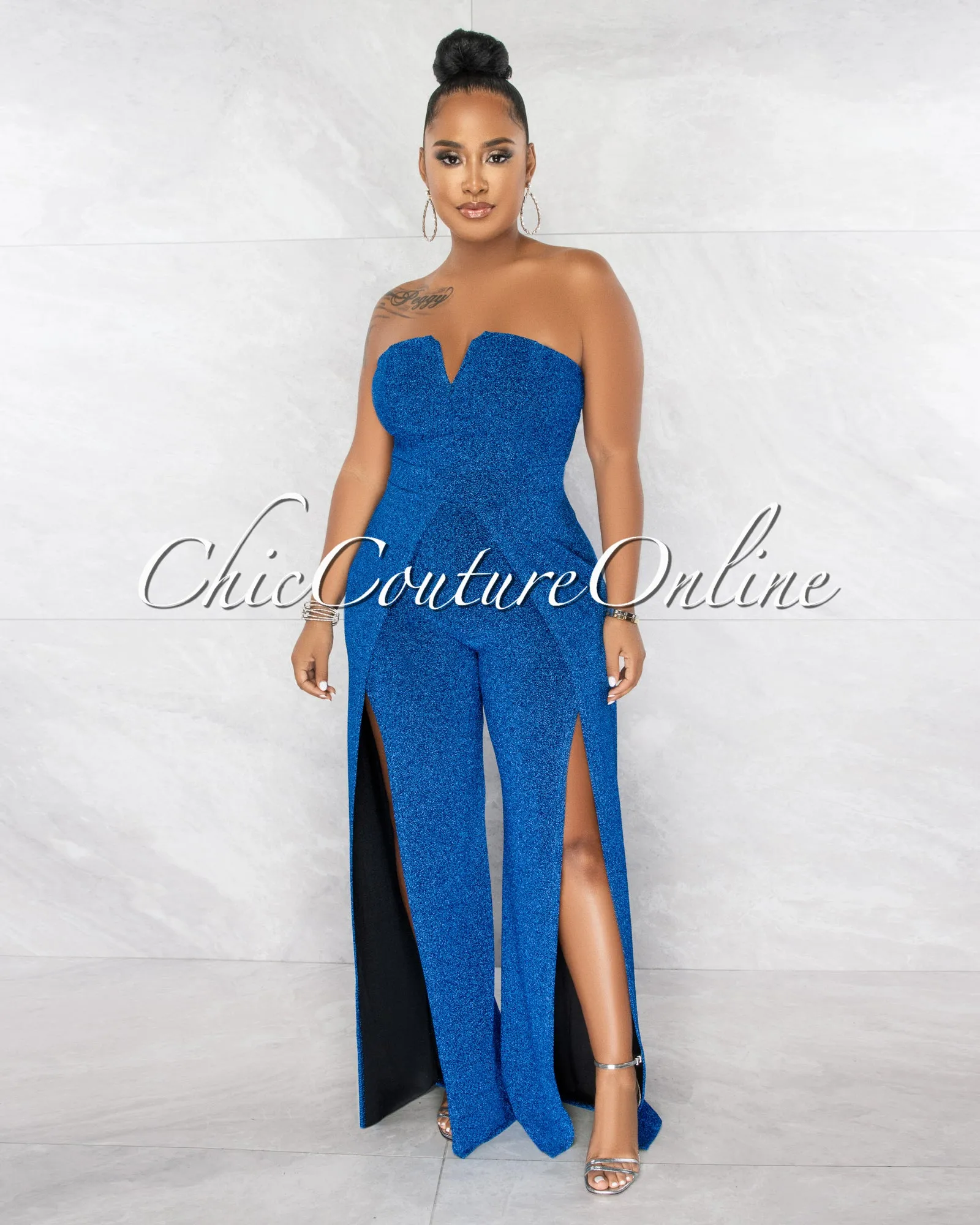 Katiana Royal Blue Shimmer Slit Legs Jumpsuit sold by Chic Couture
