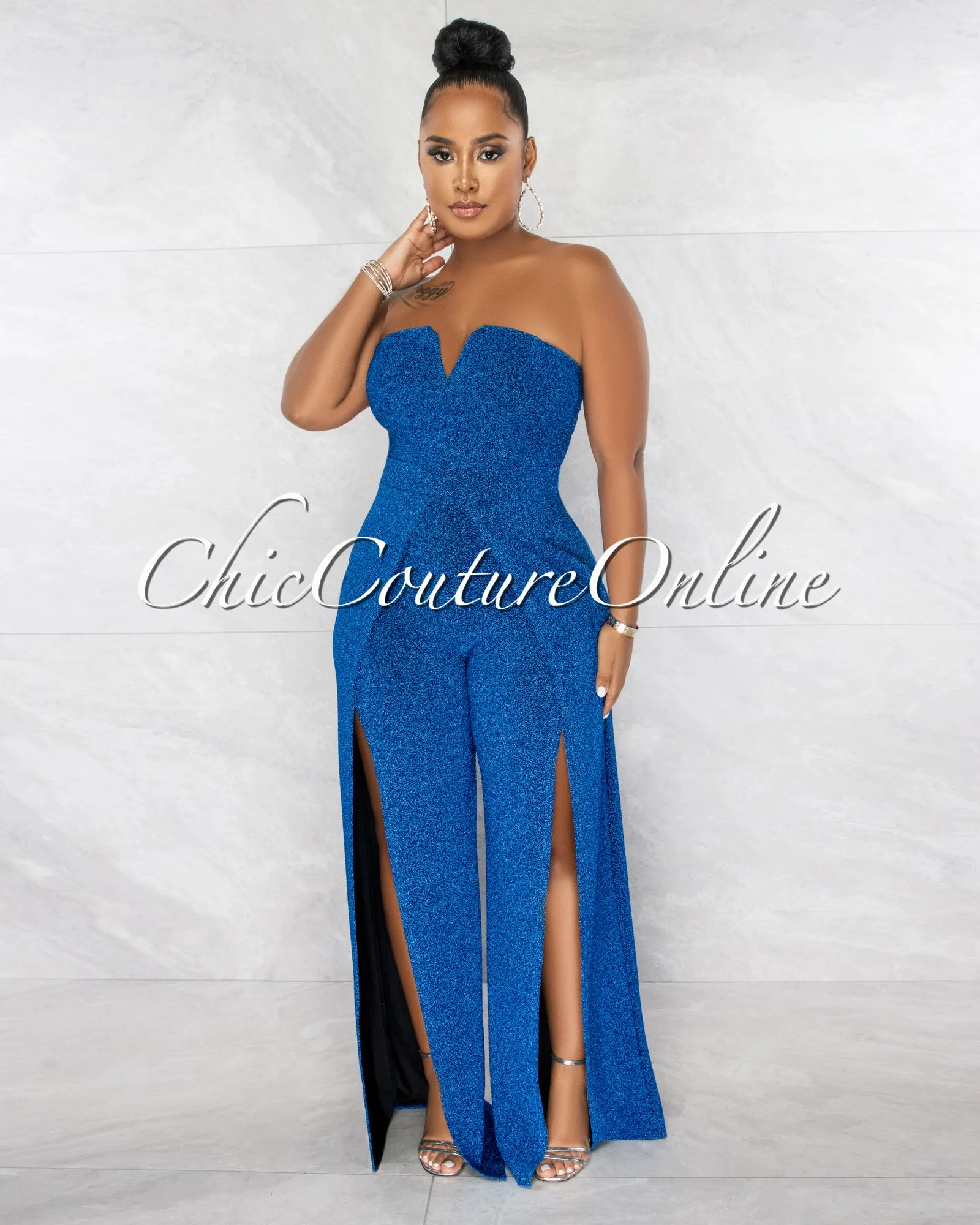 Katiana Royal Blue Shimmer Slit Legs Jumpsuit sold by Chic Couture product image thumbnail 2