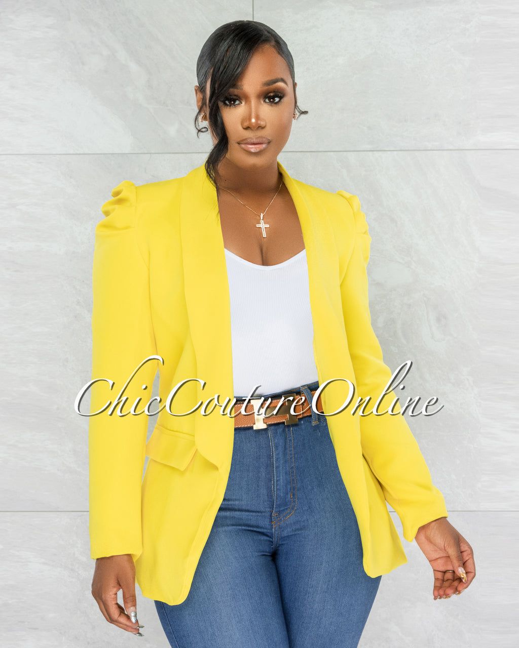 Dorcas Yellow Bubble Sleeves Long Blazer sold by Chic Couture