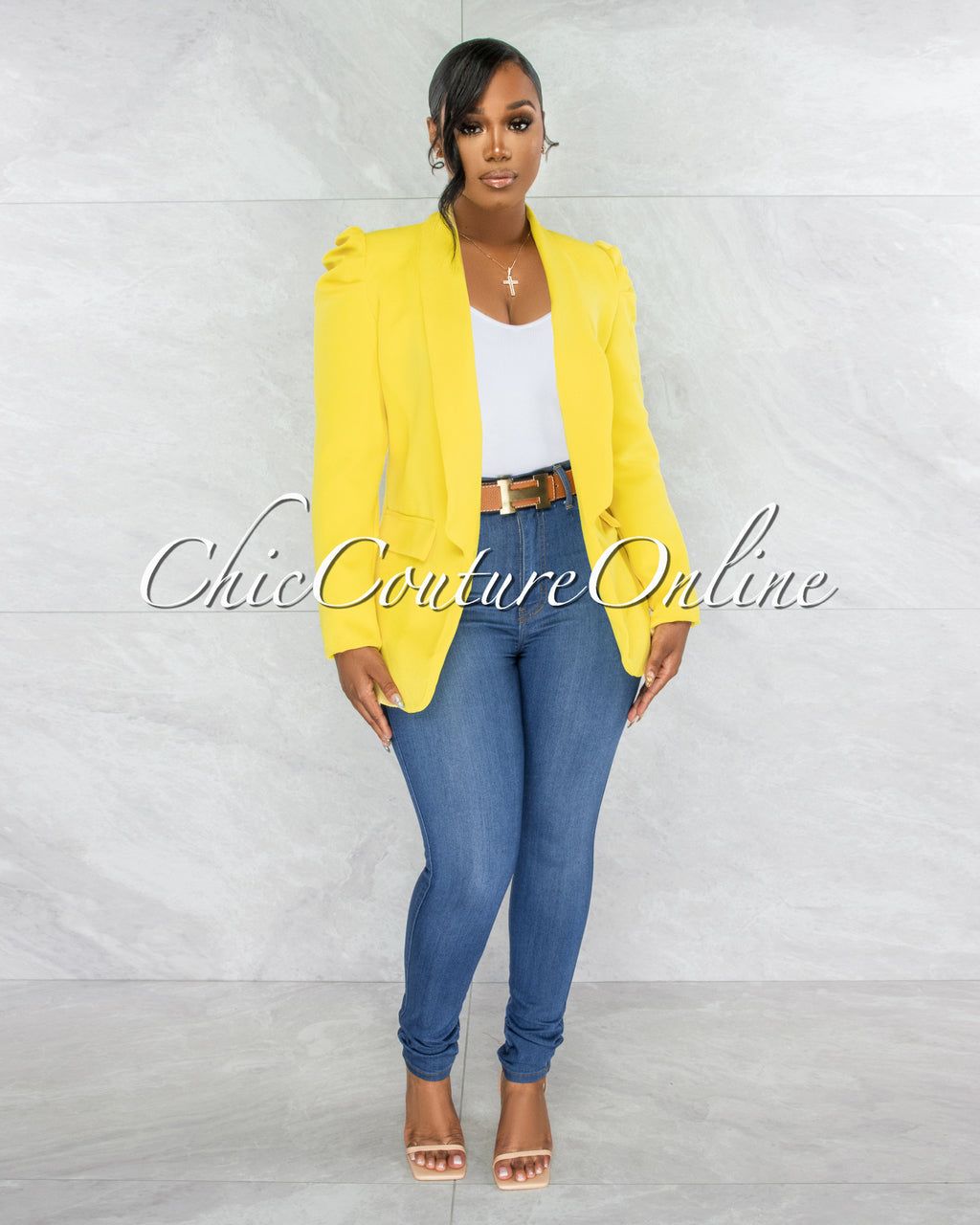 Dorcas Yellow Bubble Sleeves Long Blazer sold by Chic Couture product image thumbnail 2