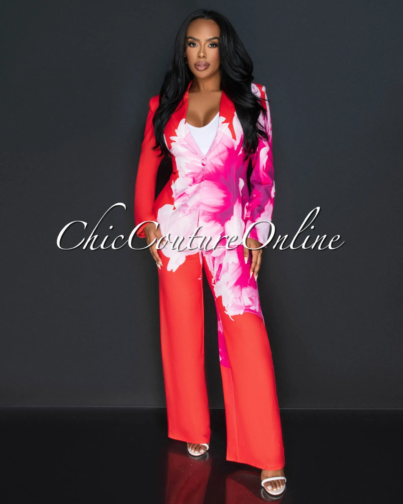 *Rena Tomato White Floral Print Blazer & Wide Pants Set sold by Chic Couture