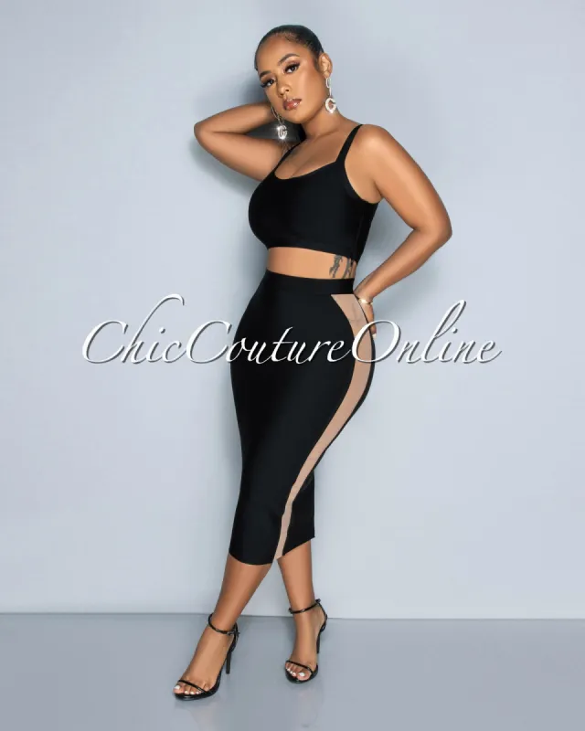*Parker Black Crop Top & Nude Mesh Sides Midi Skirt Bandage Set sold by Chic Couture