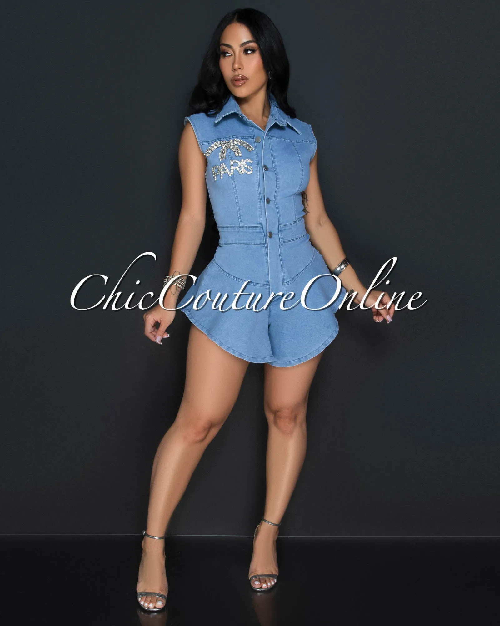 Amity Light Denim Rhinestones Hi-Lo Romper sold by Chic Couture product image thumbnail 2