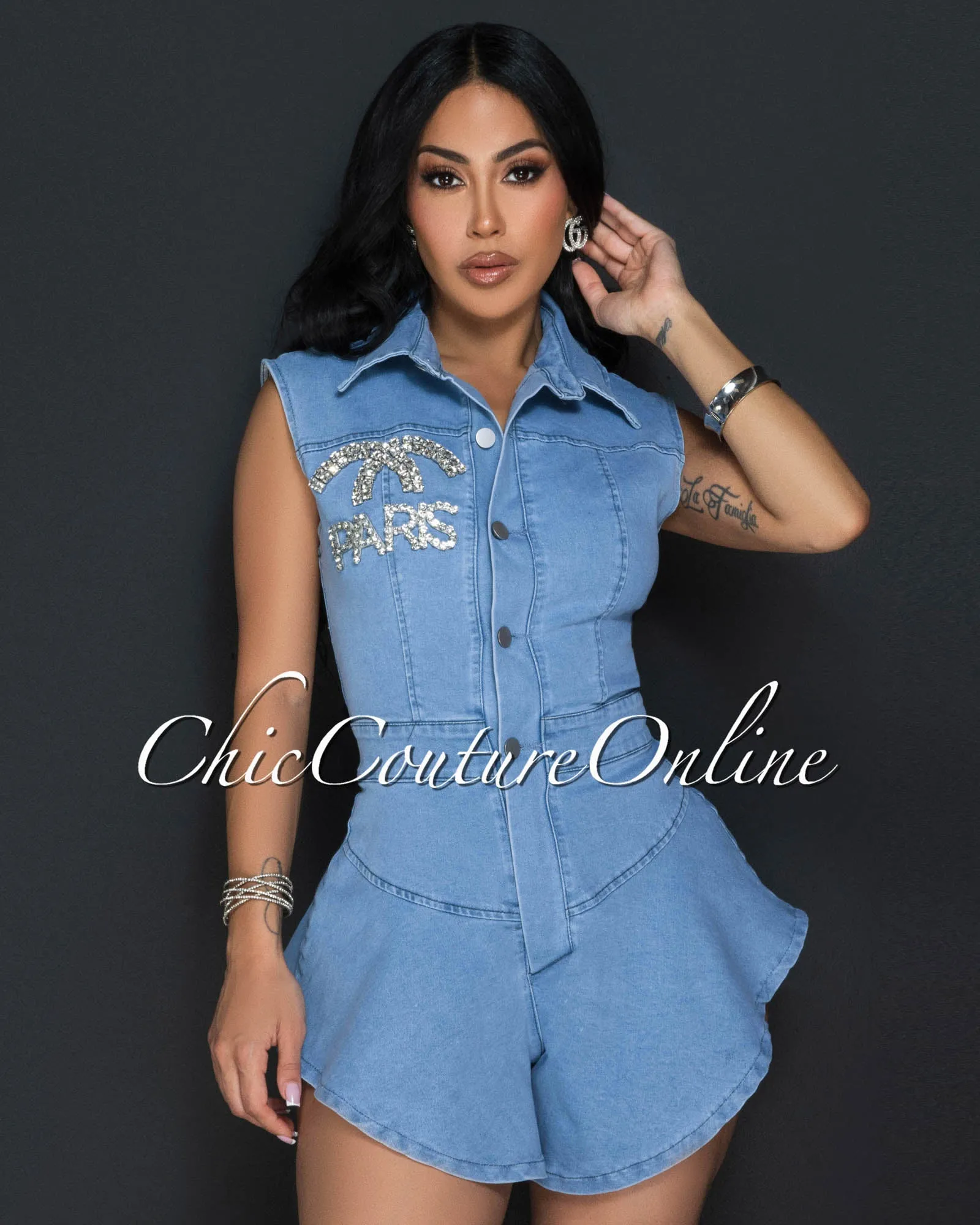 Amity Light Denim Rhinestones Hi-Lo Romper sold by Chic Couture product image thumbnail 4