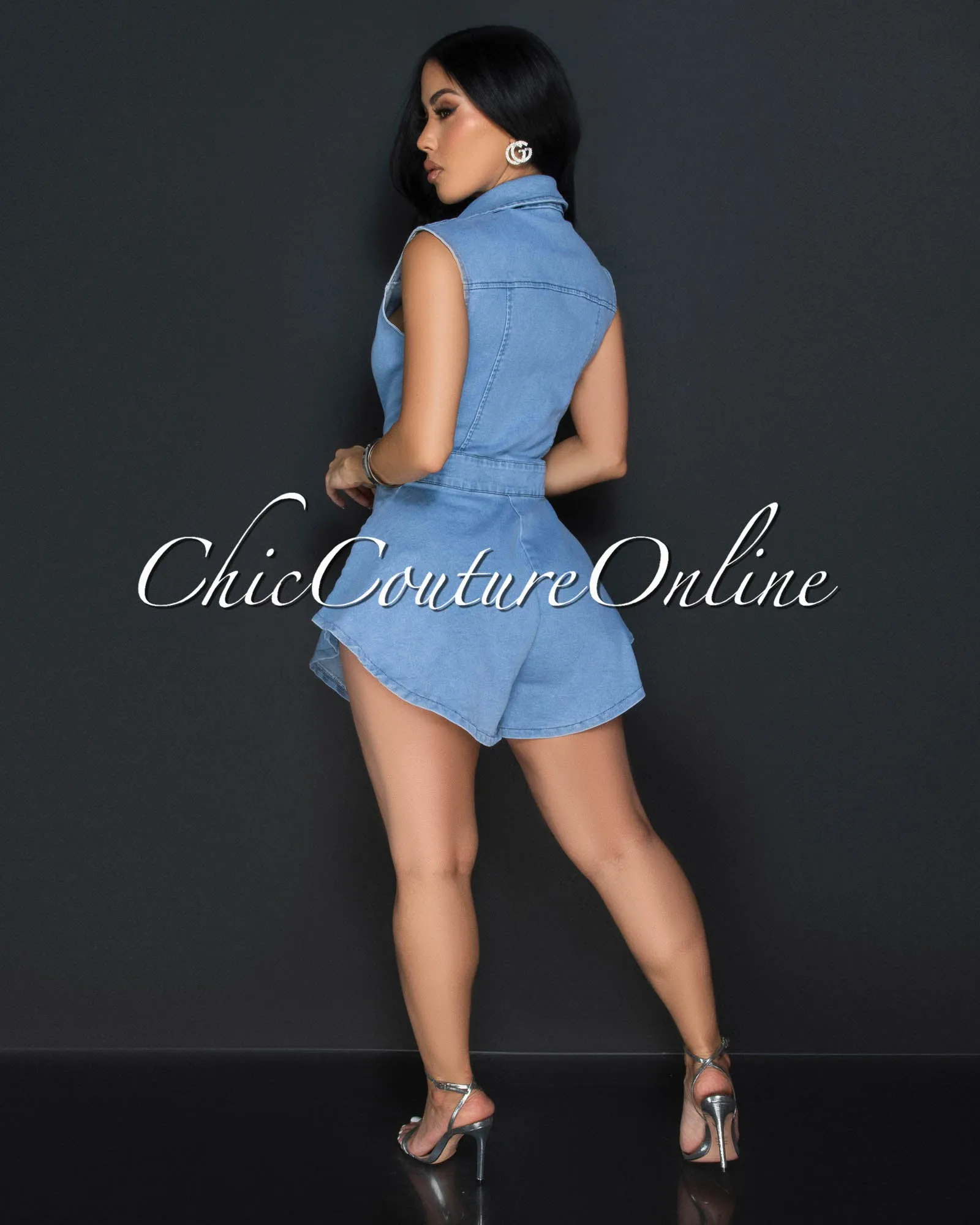 Amity Light Denim Rhinestones Hi-Lo Romper sold by Chic Couture product image thumbnail 3