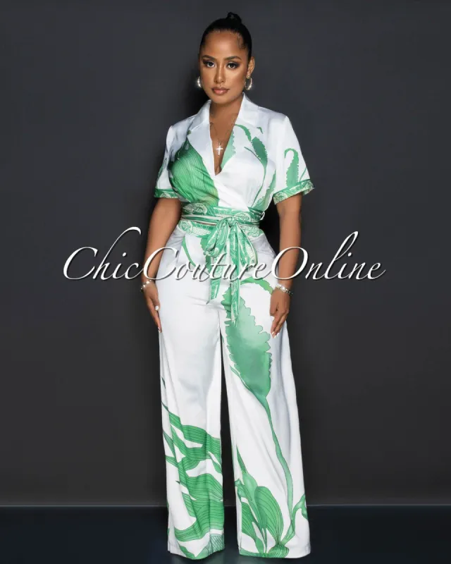 Raney White Green Print Crop Top & Wide Pants Silky Set sold by Chic Couture