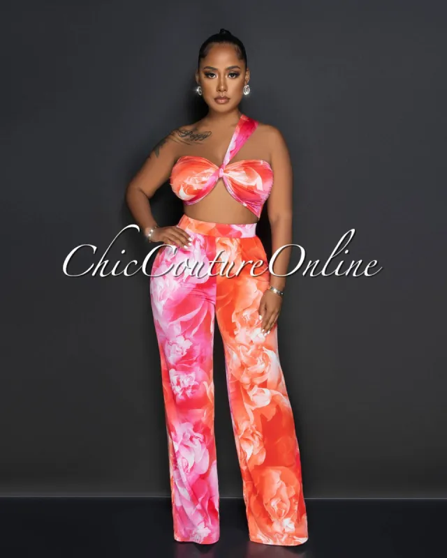 Lameka Orange Pink Print Front Tie Top & Wide Pants Set sold by Chic Couture