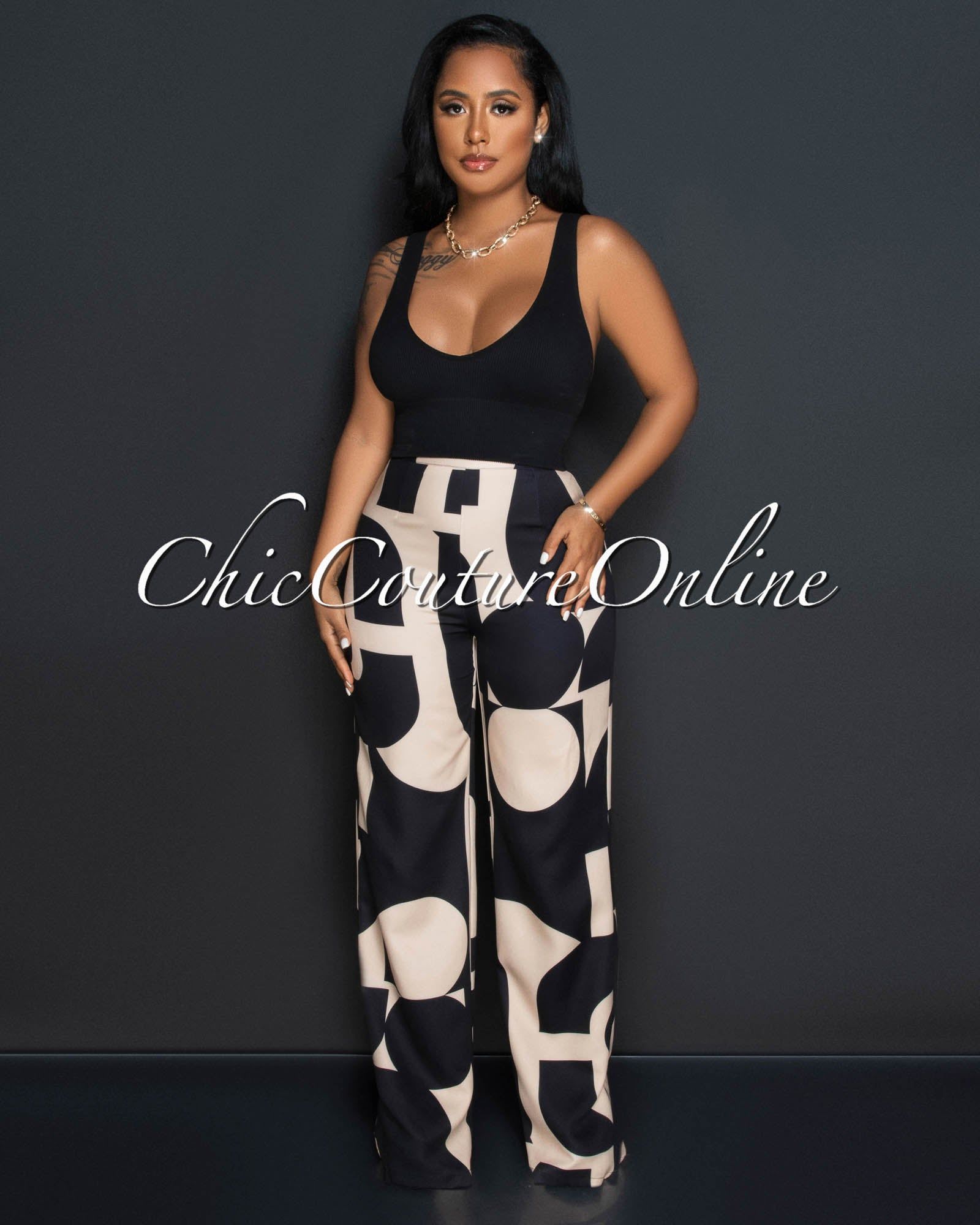 Janeen Black Nude Print Self-Tie Blazer & Wide Pants Set sold by Chic Couture product image thumbnail 4