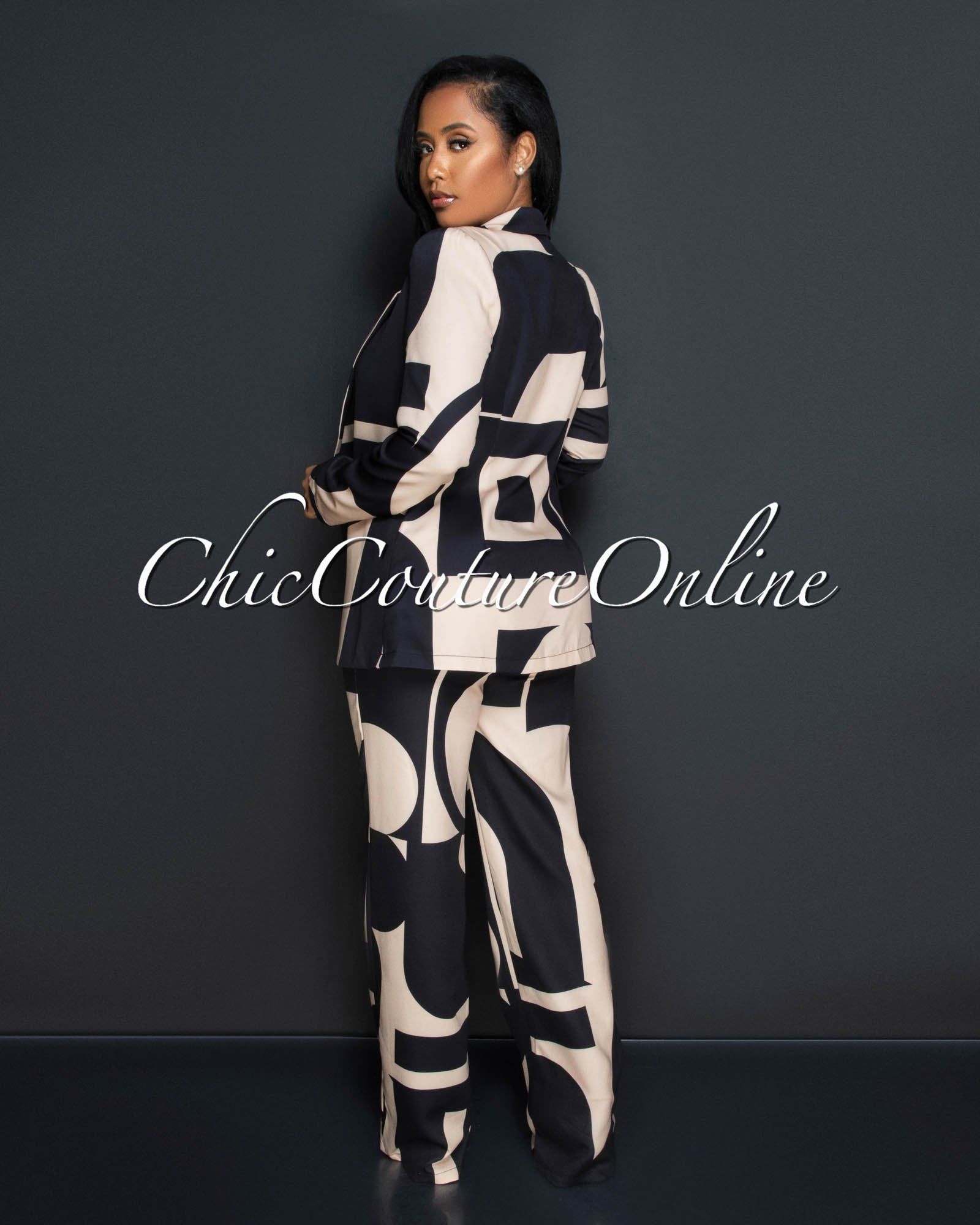 Janeen Black Nude Print Self-Tie Blazer & Wide Pants Set sold by Chic Couture product image thumbnail 3