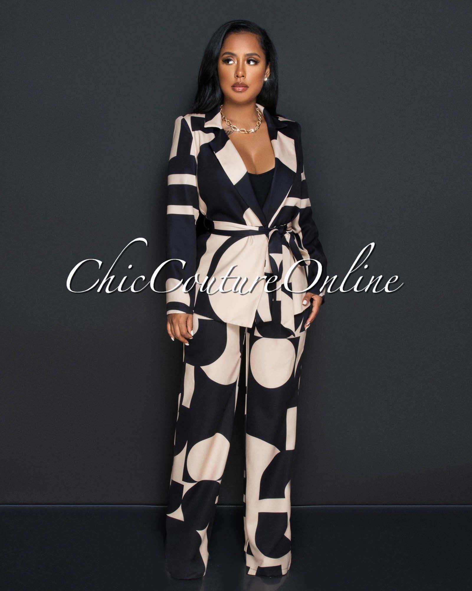 Janeen Black Nude Print Self-Tie Blazer & Wide Pants Set sold by Chic Couture