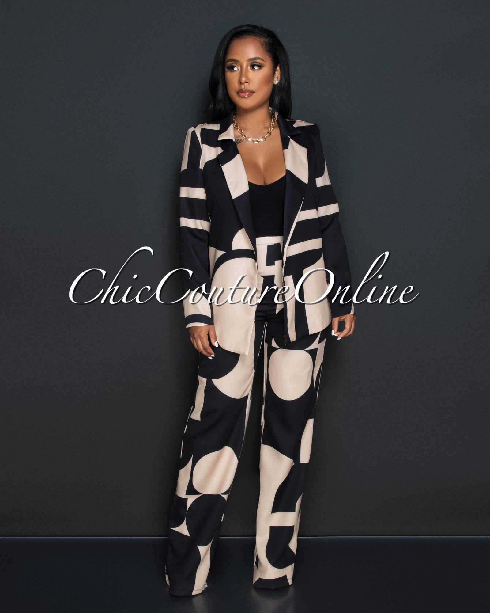Janeen Black Nude Print Self-Tie Blazer & Wide Pants Set sold by Chic Couture product image thumbnail 2