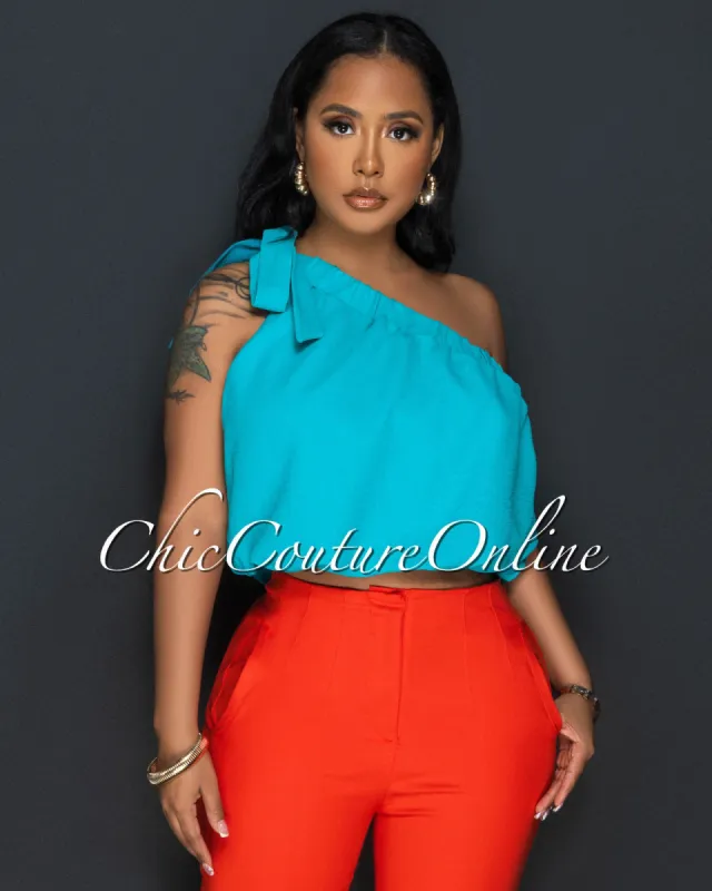 Taraz Teal Single Shoulder Crop Top sold by Chic Couture