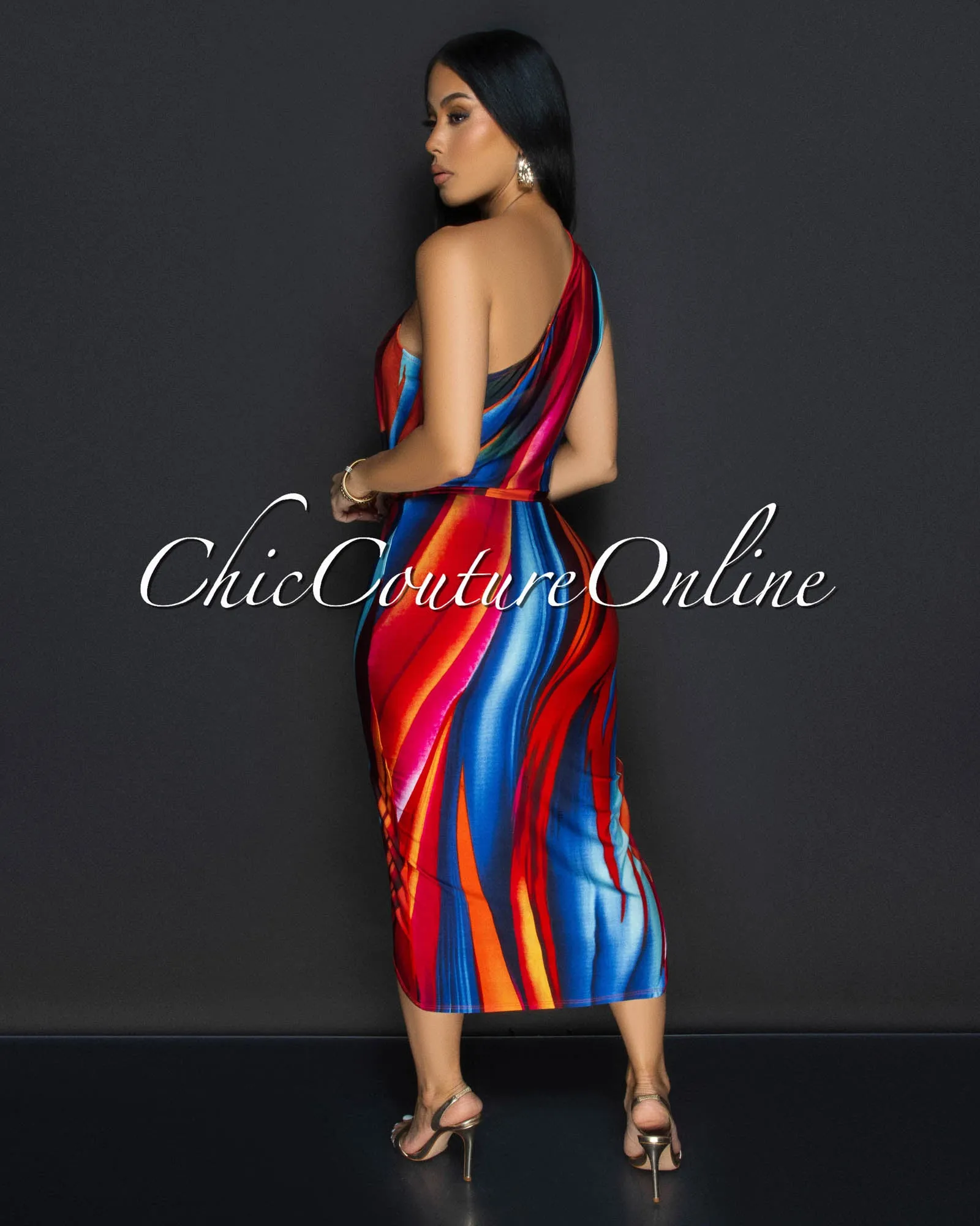 Mellie Red Blue Single Shoulder Front Slit Midi Dress sold by Chic Couture product image thumbnail 3
