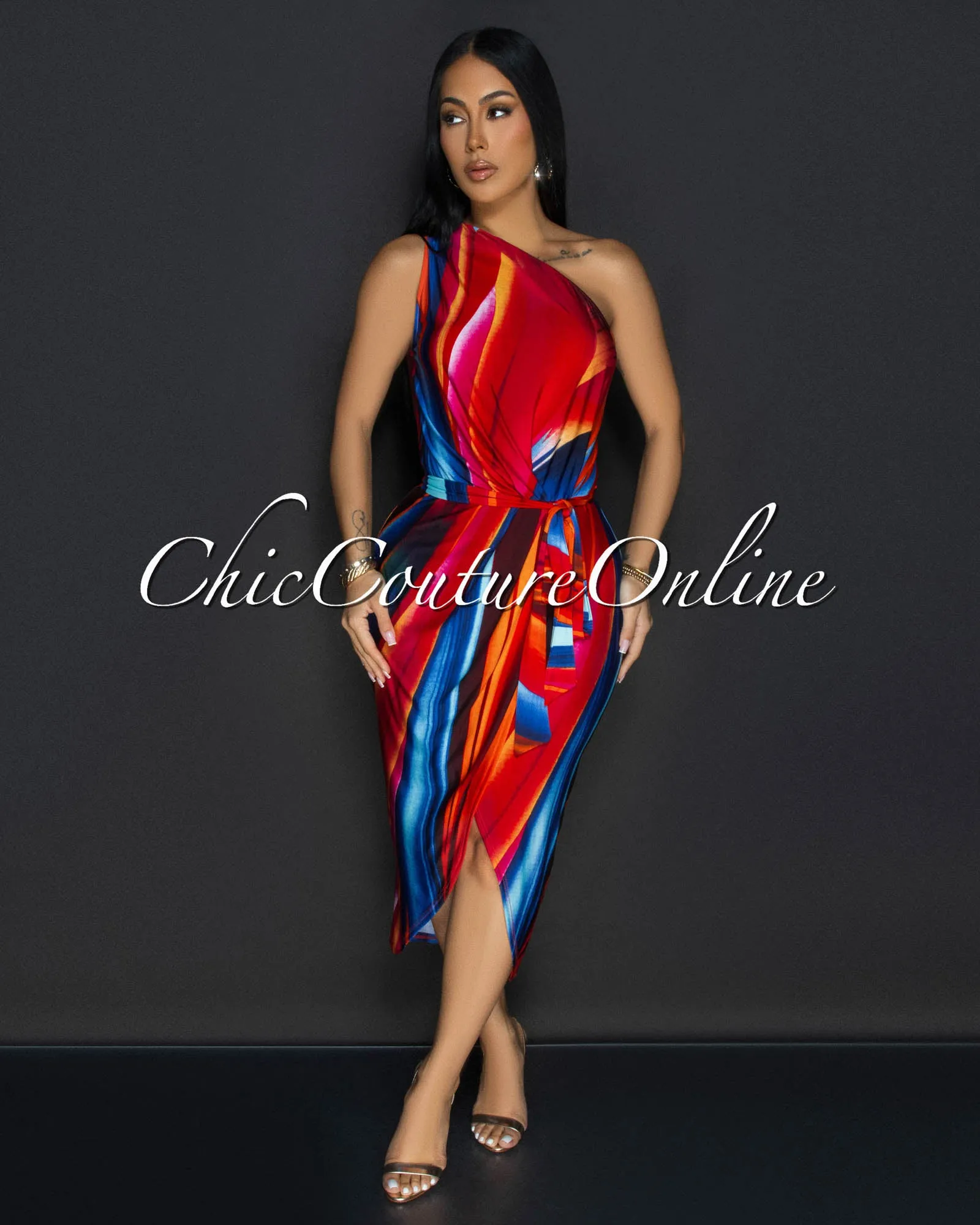 Mellie Red Blue Single Shoulder Front Slit Midi Dress sold by Chic Couture product image thumbnail 2