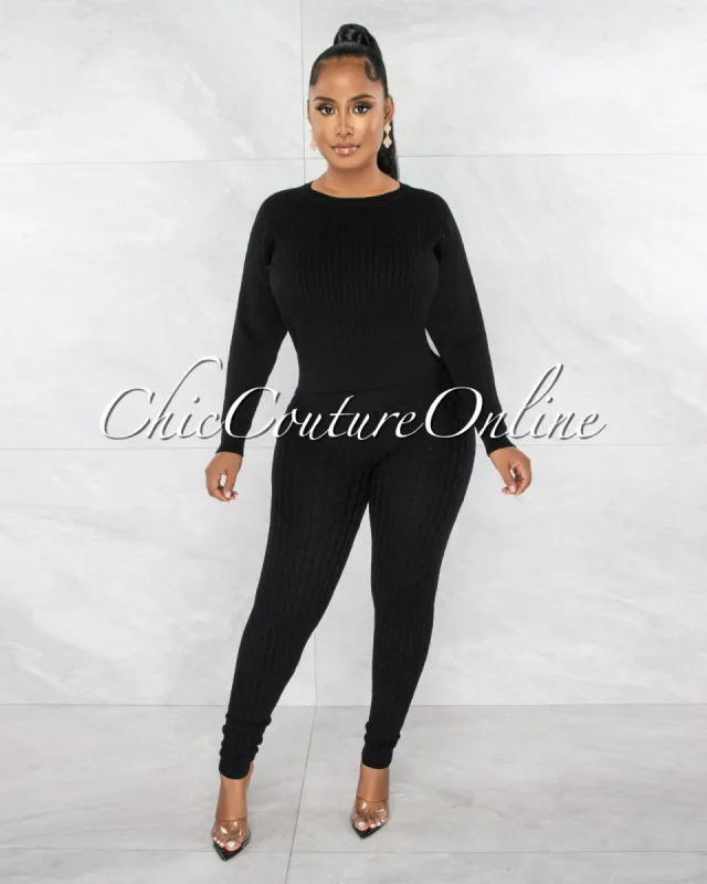 Palba Black Cable Knit Sweater Leggings Set sold by Chic Couture