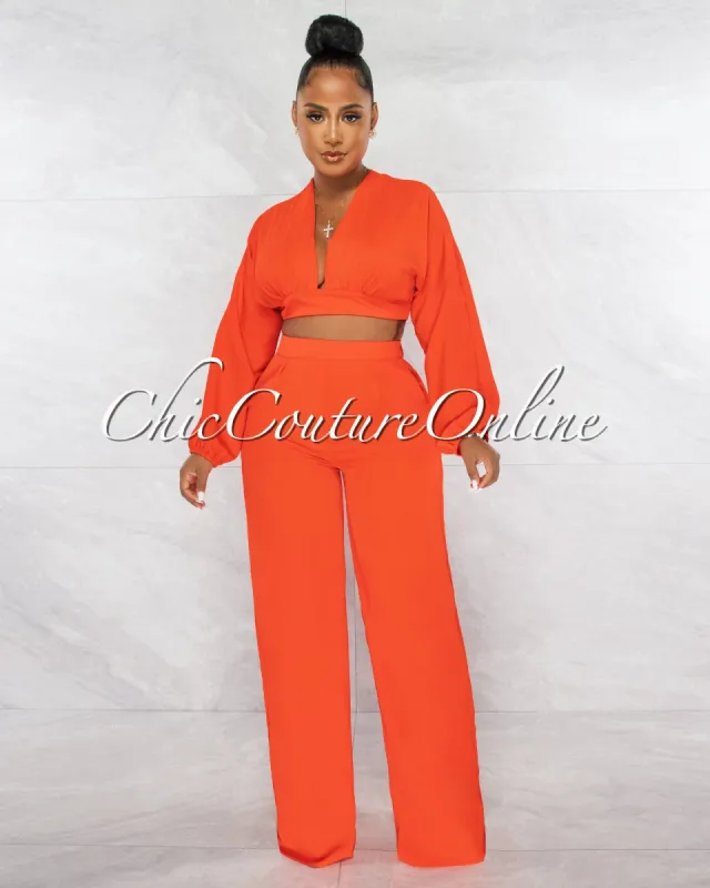 Paola Red Long Sleeves Crop Top & Wide Pants Set sold by Chic Couture