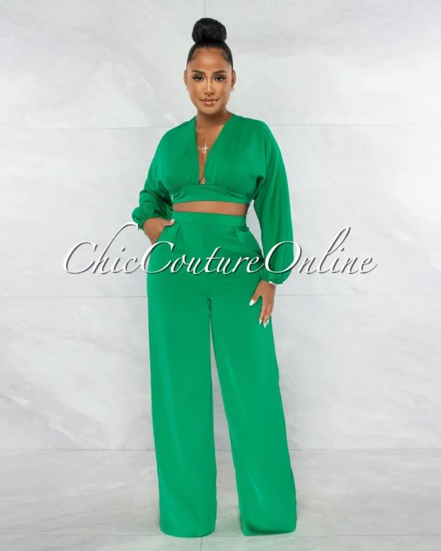 Paola Green Long Sleeves Crop Top & Wide Pants Set sold by Chic Couture