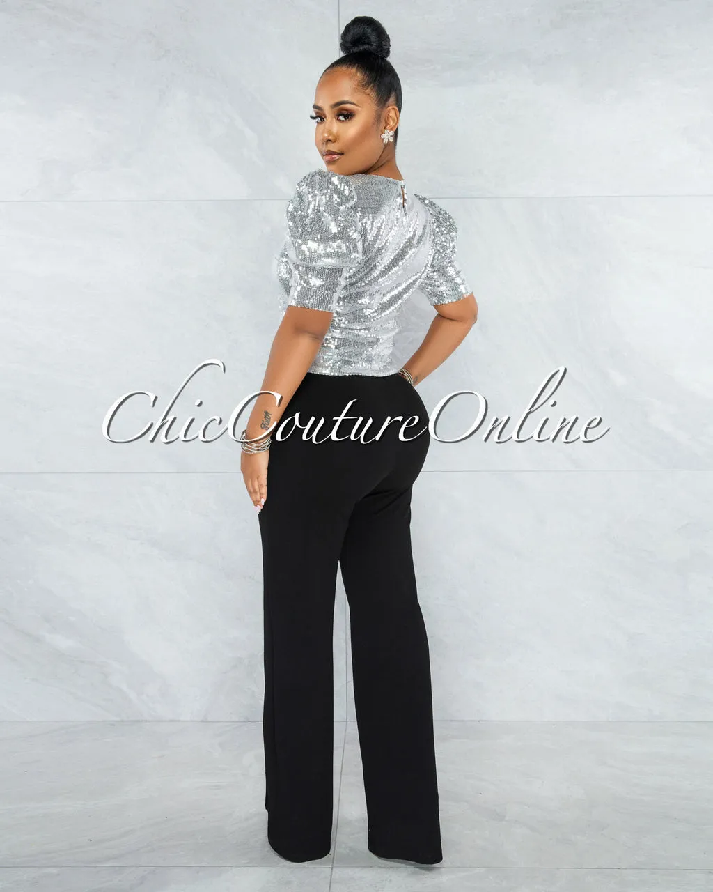 *Shamya Silver Sequins Bubble Sleeves Crop Top sold by Chic Couture product image thumbnail 4