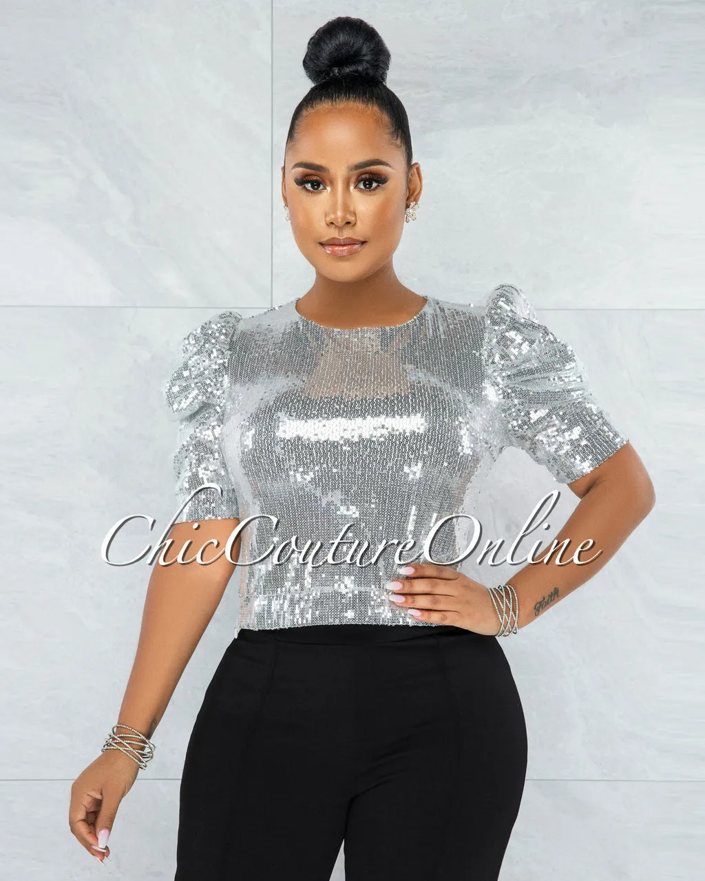*Shamya Silver Sequins Bubble Sleeves Crop Top sold by Chic Couture
