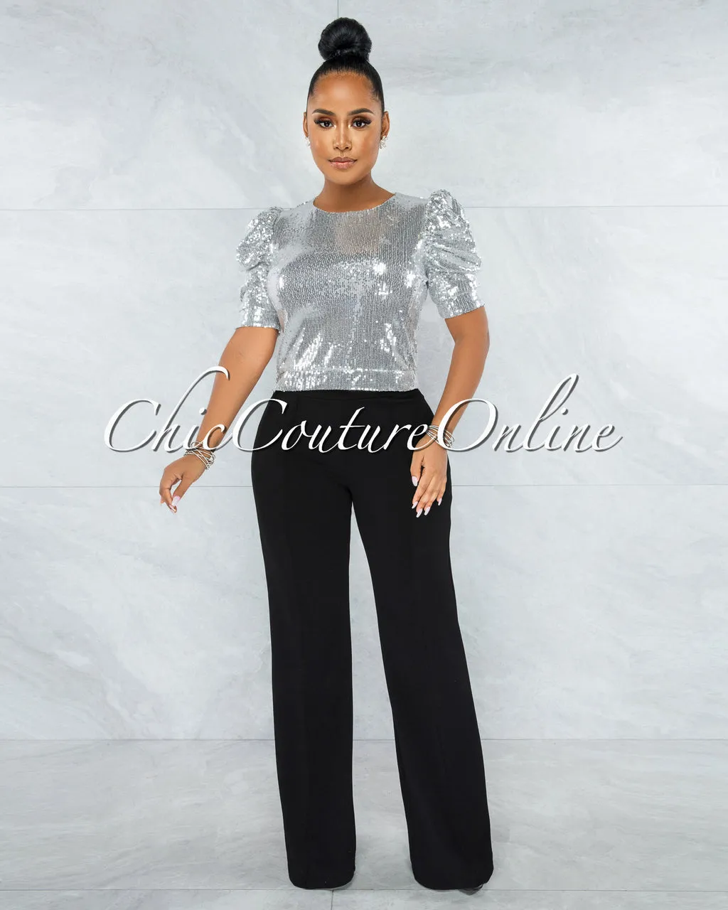 *Shamya Silver Sequins Bubble Sleeves Crop Top sold by Chic Couture product image thumbnail 2