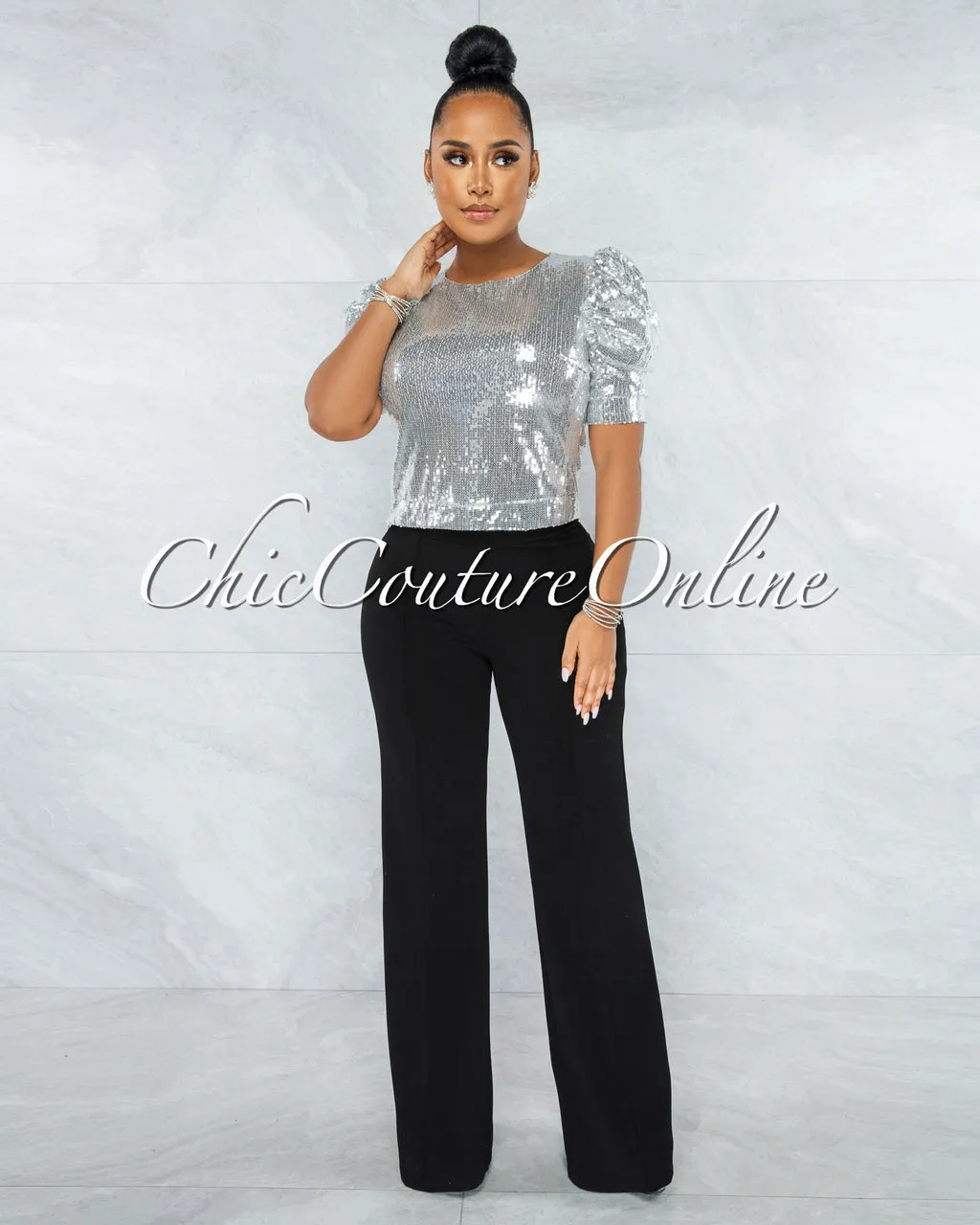 *Shamya Silver Sequins Bubble Sleeves Crop Top sold by Chic Couture product image thumbnail 3