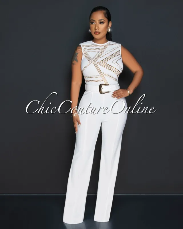 *Marlisa Off-White Gold Studs Gold Buckle Belt Jumpsuit sold by Chic Couture