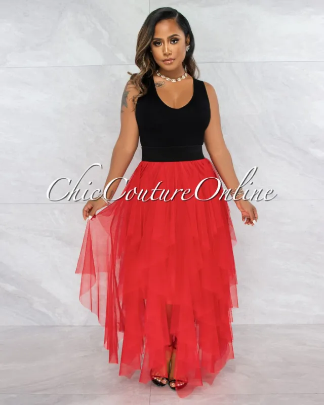 *Vittoria Red Tulle Ruffle Black Waist Maxi Skirt sold by chic